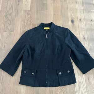 ST JOHN size 16 Black Jacquard 3/4 slv Zip Jacket Spring 2017 Enamel Btns